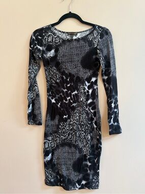 Mandee Y2K Animal Abstract Print Long Sleeve Black & White Bodycon Dress
